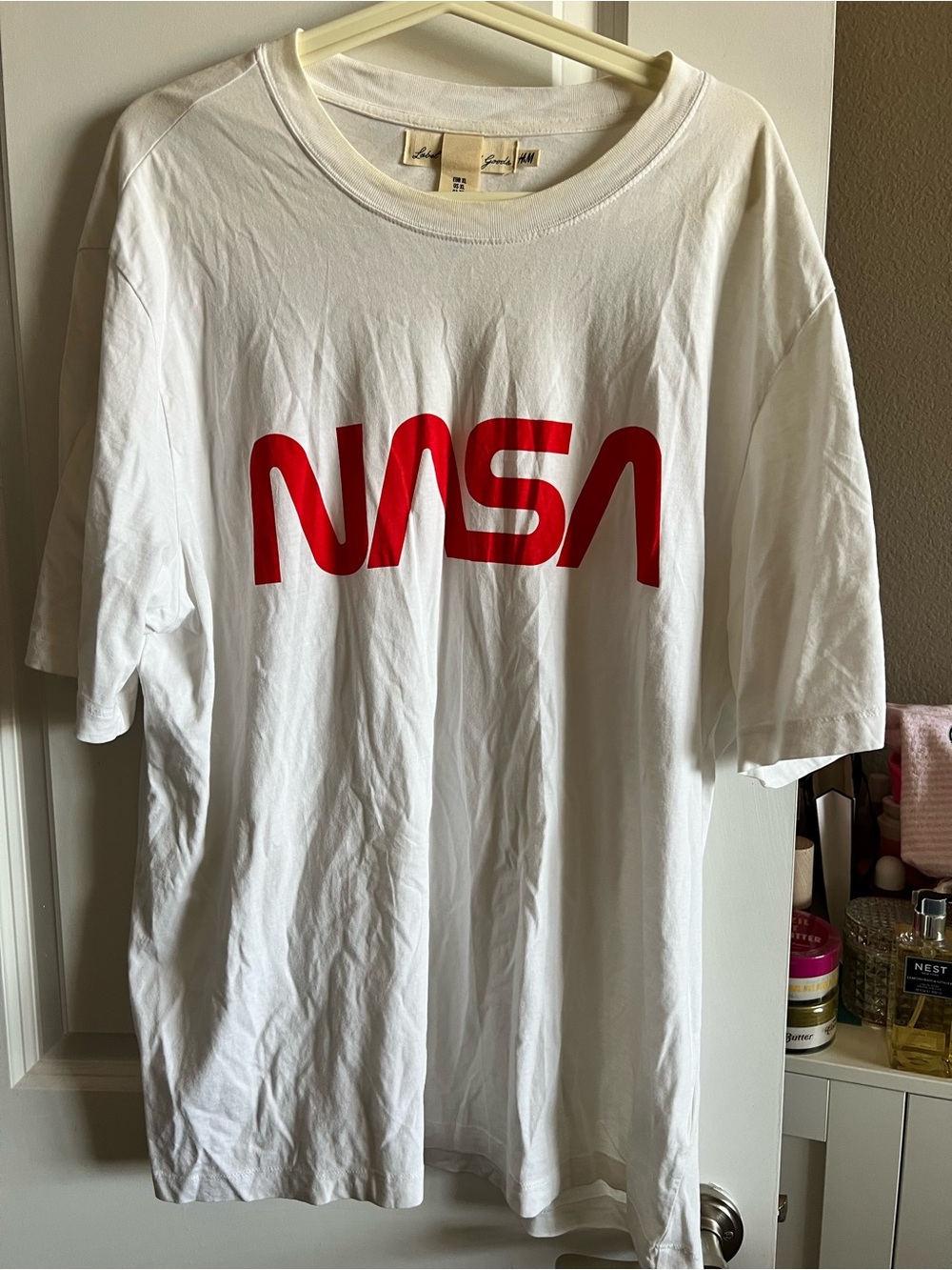 H&M White Short Sleeve Tee with Red NASA Print